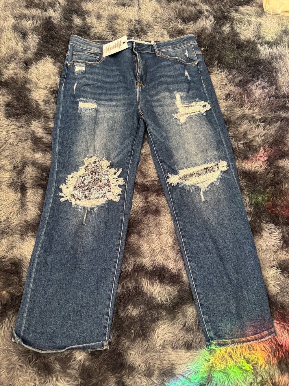 Boyfriend Distressed Blue Women’s Jeans - Embroidered Patch Detail